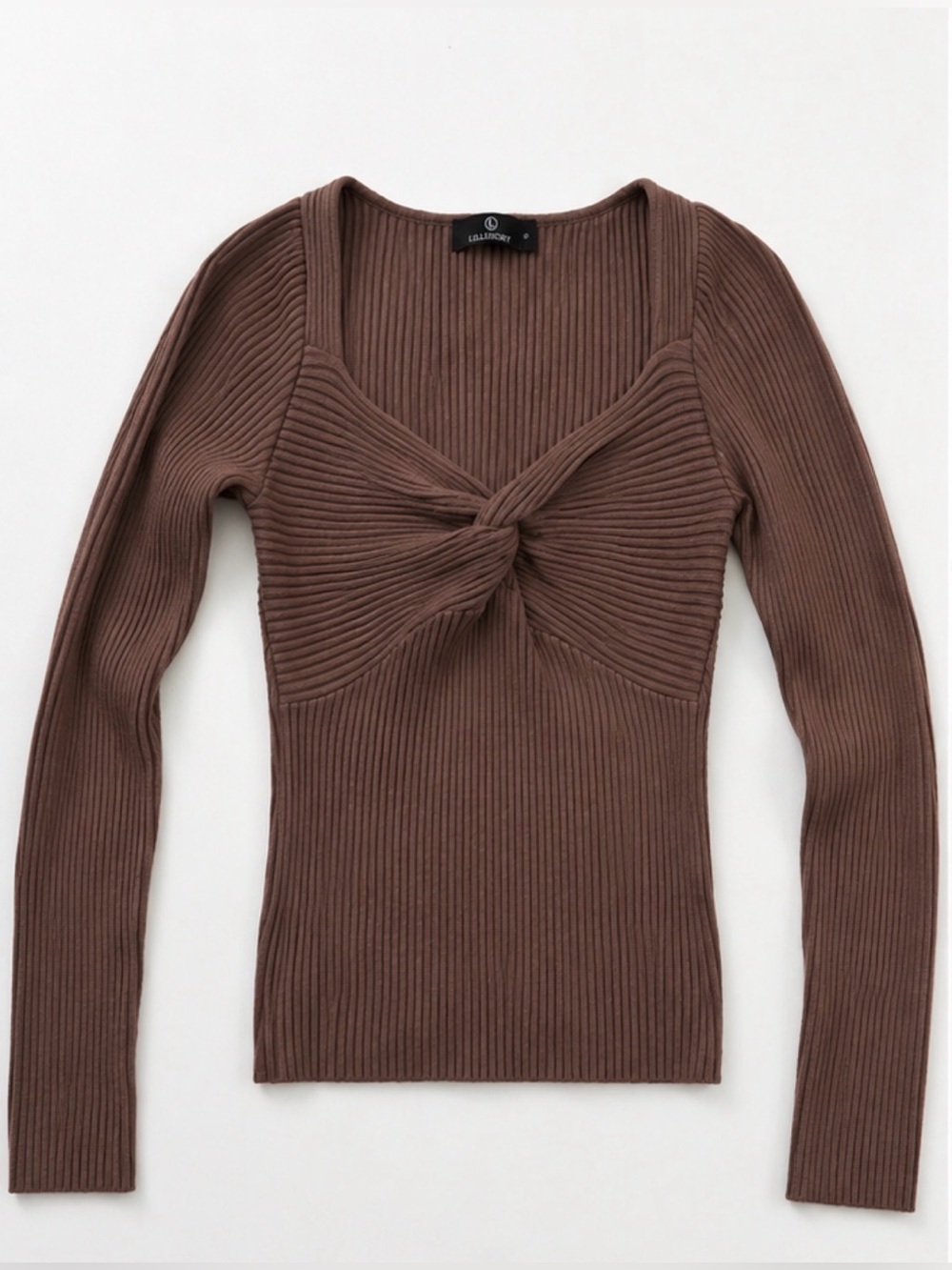 LILLUSORY Ribbed Twist Front Sweater Taupe Brown Size Small